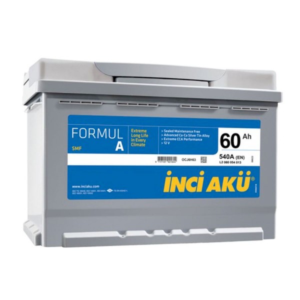 İnci Akü 12 Volt 60 Amper Formul A - 2019 ÜRETİM 2YIL GARANTİLİ